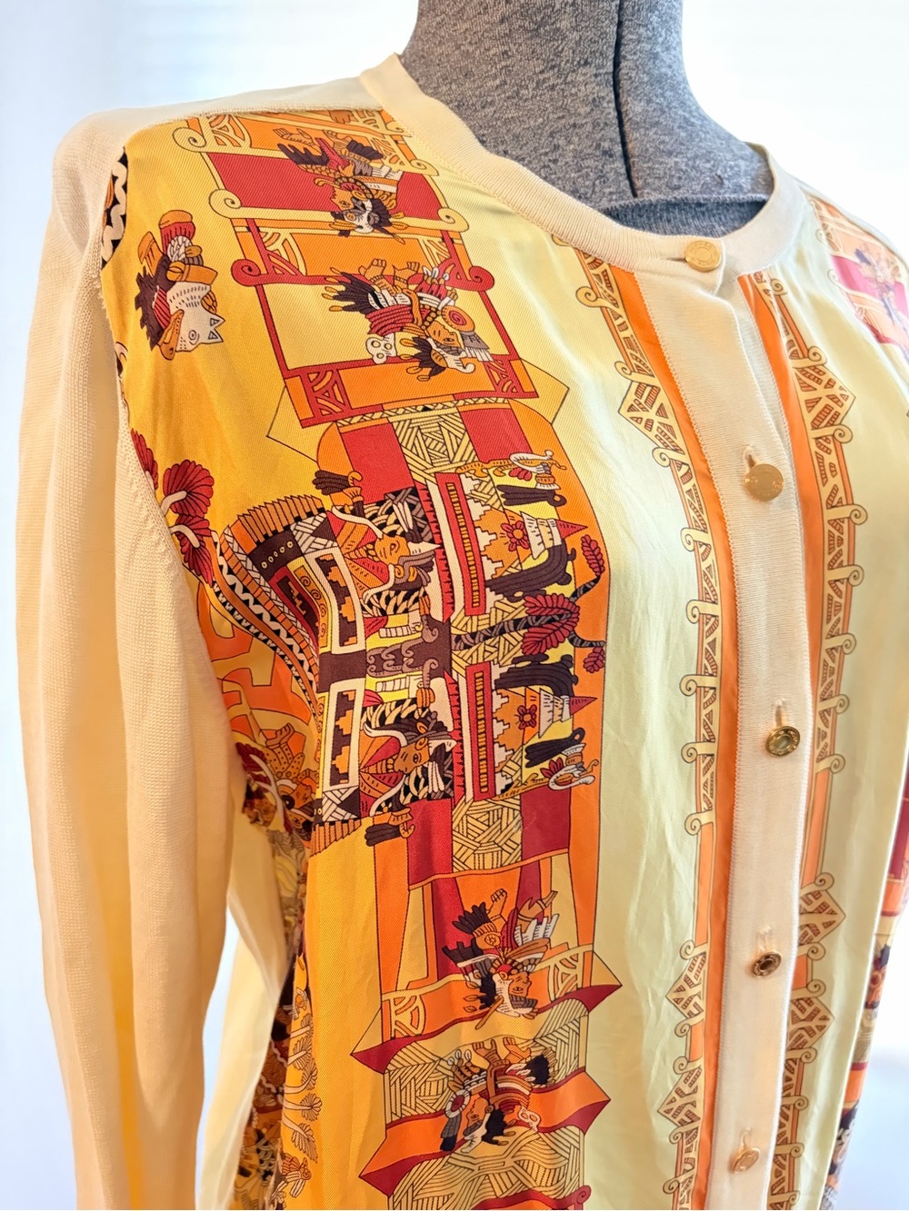 Vtg Hermes silk scarf-front cotton cardigan - Picture 2 of 11